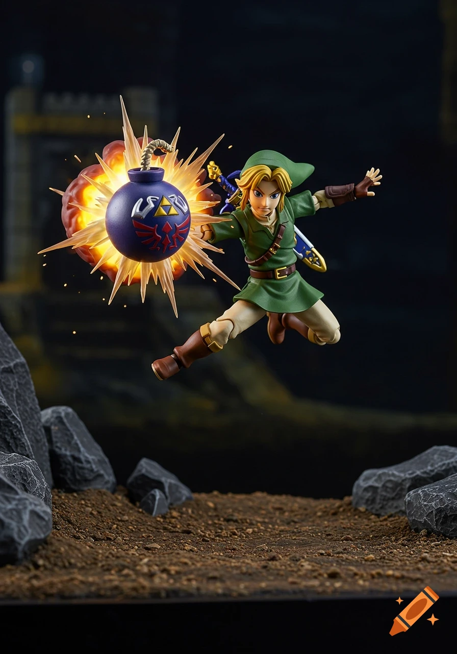 Link action figure jumps with bomb in diorama scene.