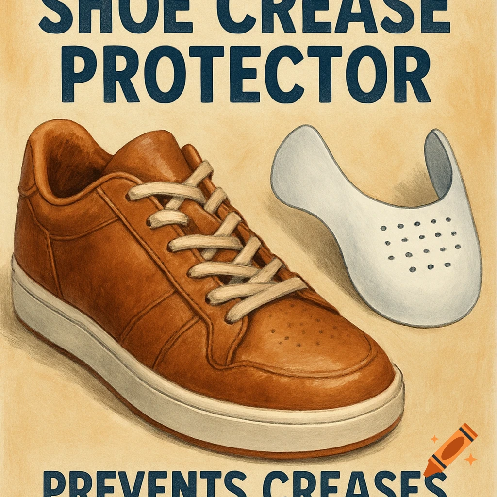 A brown sneaker and a white shoe crease protector are shown with text reading 'SHOE CREASE PROTECTOR PREVENTS CREASES'.