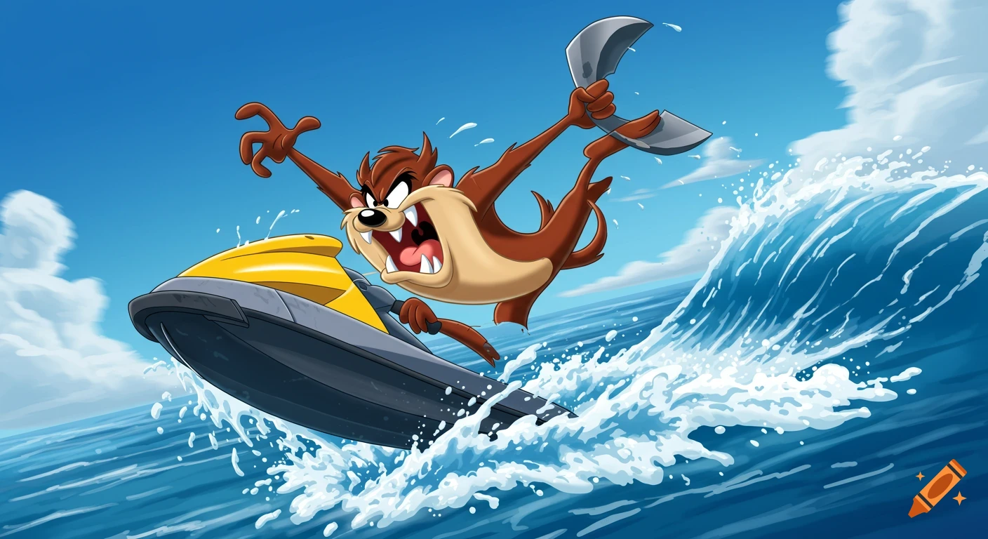 Cartoon of Taz the Tasmanian Devil on a jetski leaping over a wave.