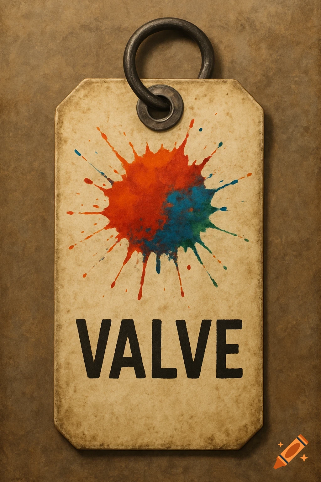 A vintage-style tag with a red and blue paint splat and the word "VALVE" below it.