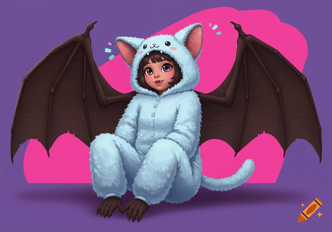 Child in a light blue fuzzy bat/cat costume with wings, sitting on a purple background.