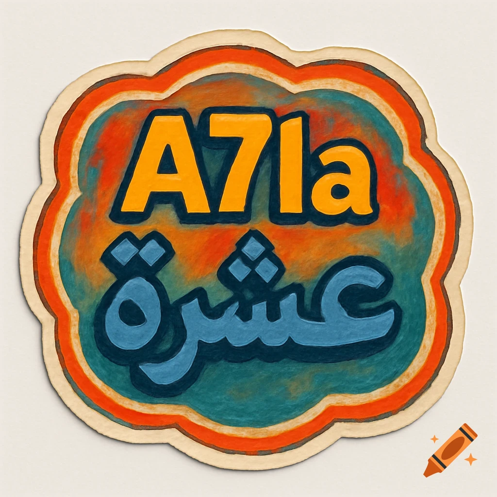 A sticker design with the text A7la in yellow above the Arabic text for Ashara in blue, framed by colorful borders.