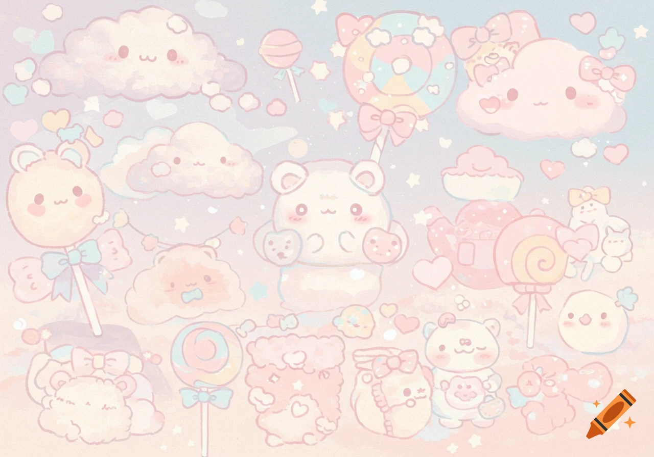 Collection of cute pastel illustrations featuring bears, clouds, lollipops, and hearts in a soft, watercolor style.