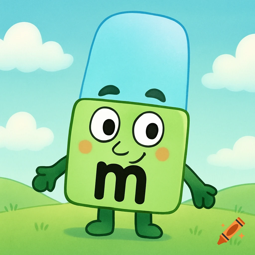Cartoon character shaped like the letter m with a smiling face stands in a grassy field.