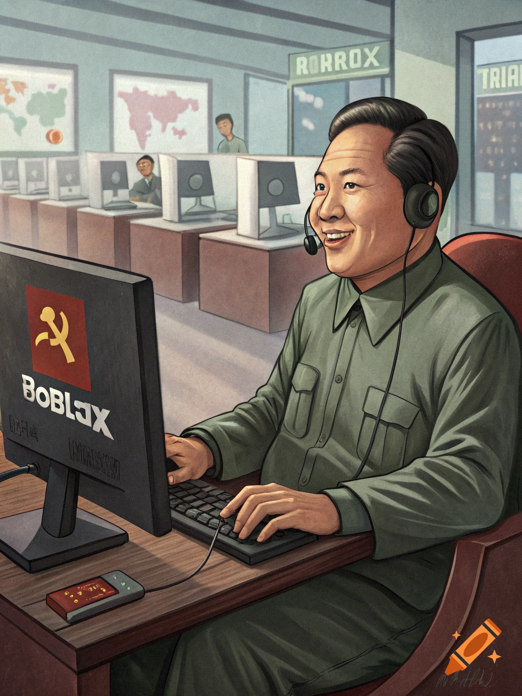 Illustration of Mao Zedong playing Roblox on a computer in an office on ...