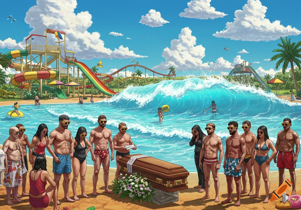 Funeral service on a beach at a water park, with a coffin and a large wave.