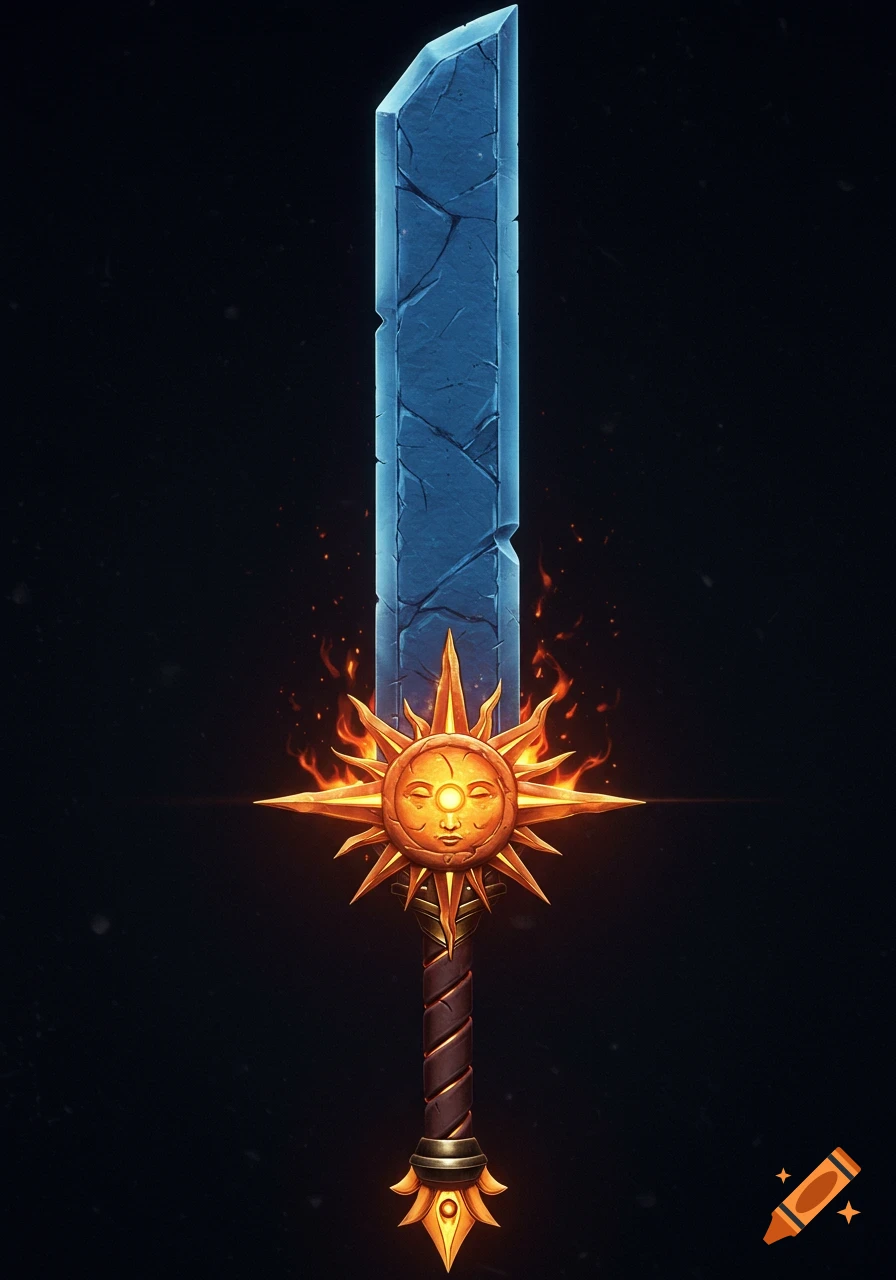 A detailed fantasy sword with a blue stone blade, golden sun-themed handle with a face, surrounded by fire on a dark background.