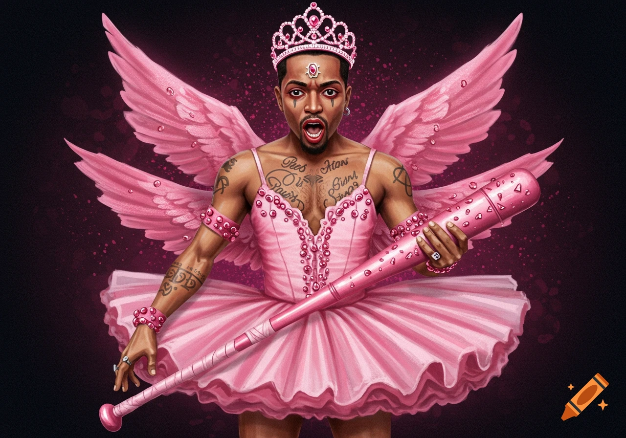 Illustration of a man in a pink tutu, tiara, and fairy wings, holding a pink baseball bat.