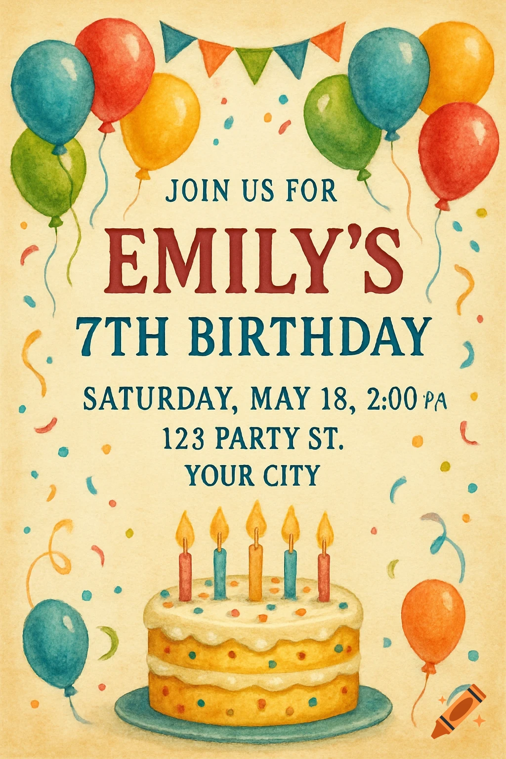 Watercolor birthday invitation with balloons, cake, confetti, and party details
