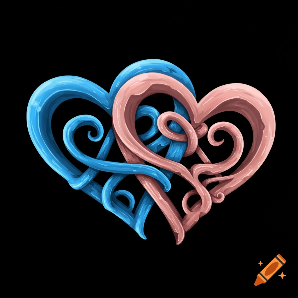 Two tangled abstract hearts, one blue and one pink, on a black background.