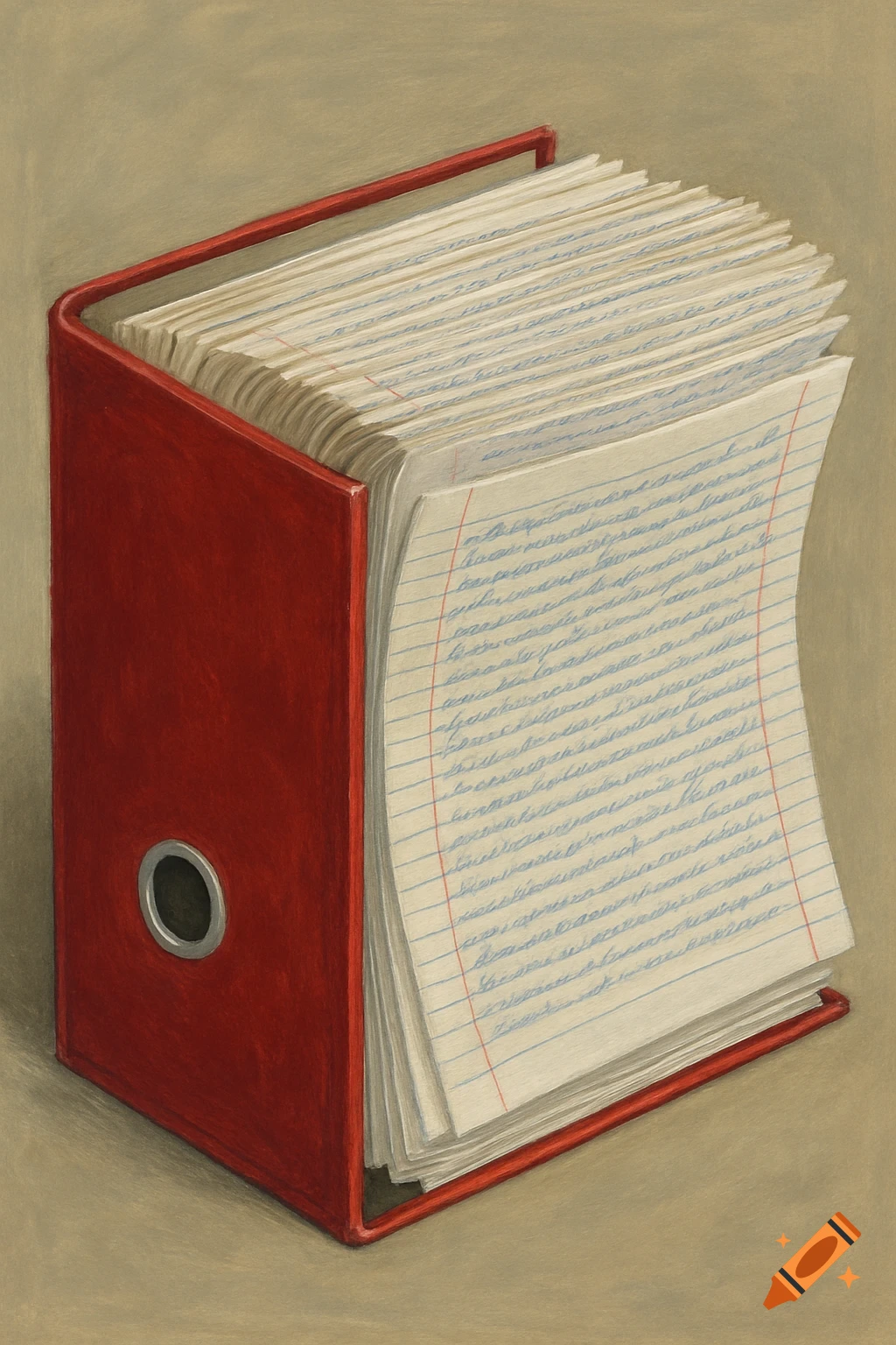 A red lever arch file binder overflowing with handwritten pages, in a drawing style.