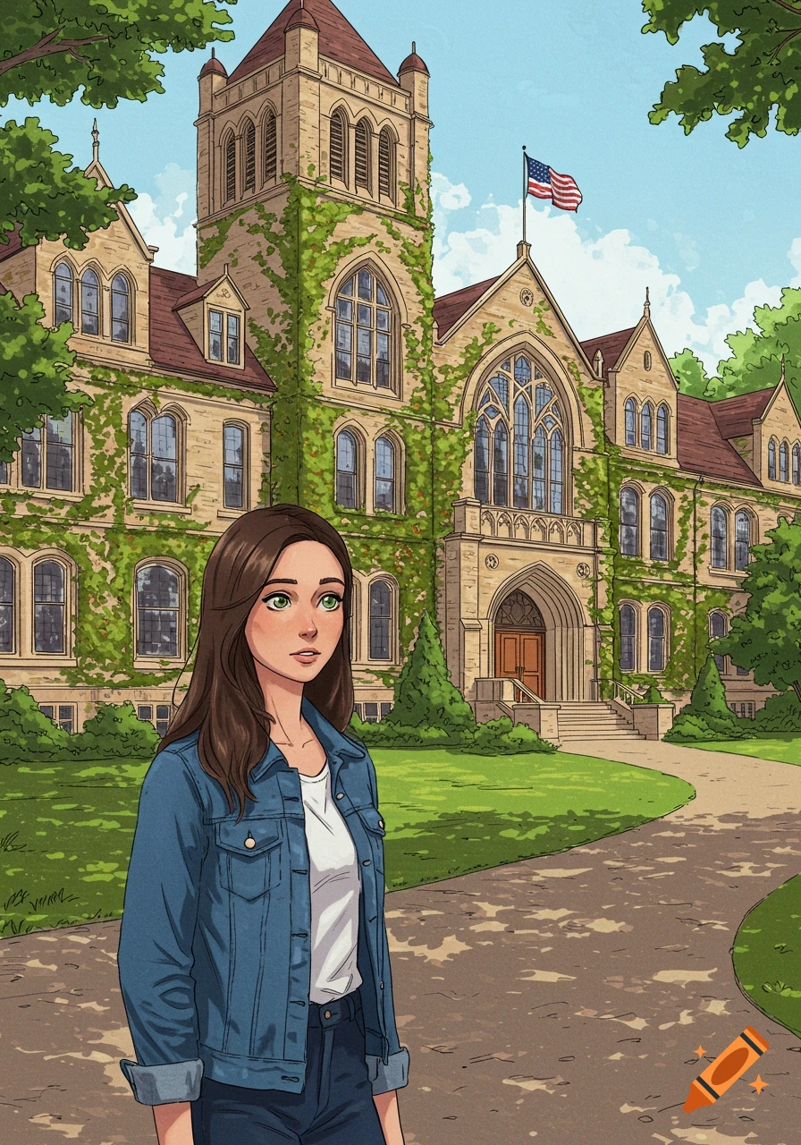 An anime-style ink drawing of a girl standing in front of a historic college building covered in ivy.