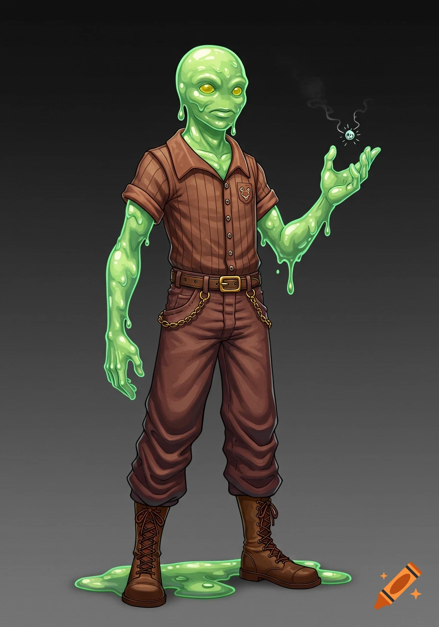 A humanoid slime creature in a brown shirt and pants holds a glowing orb, western art style.