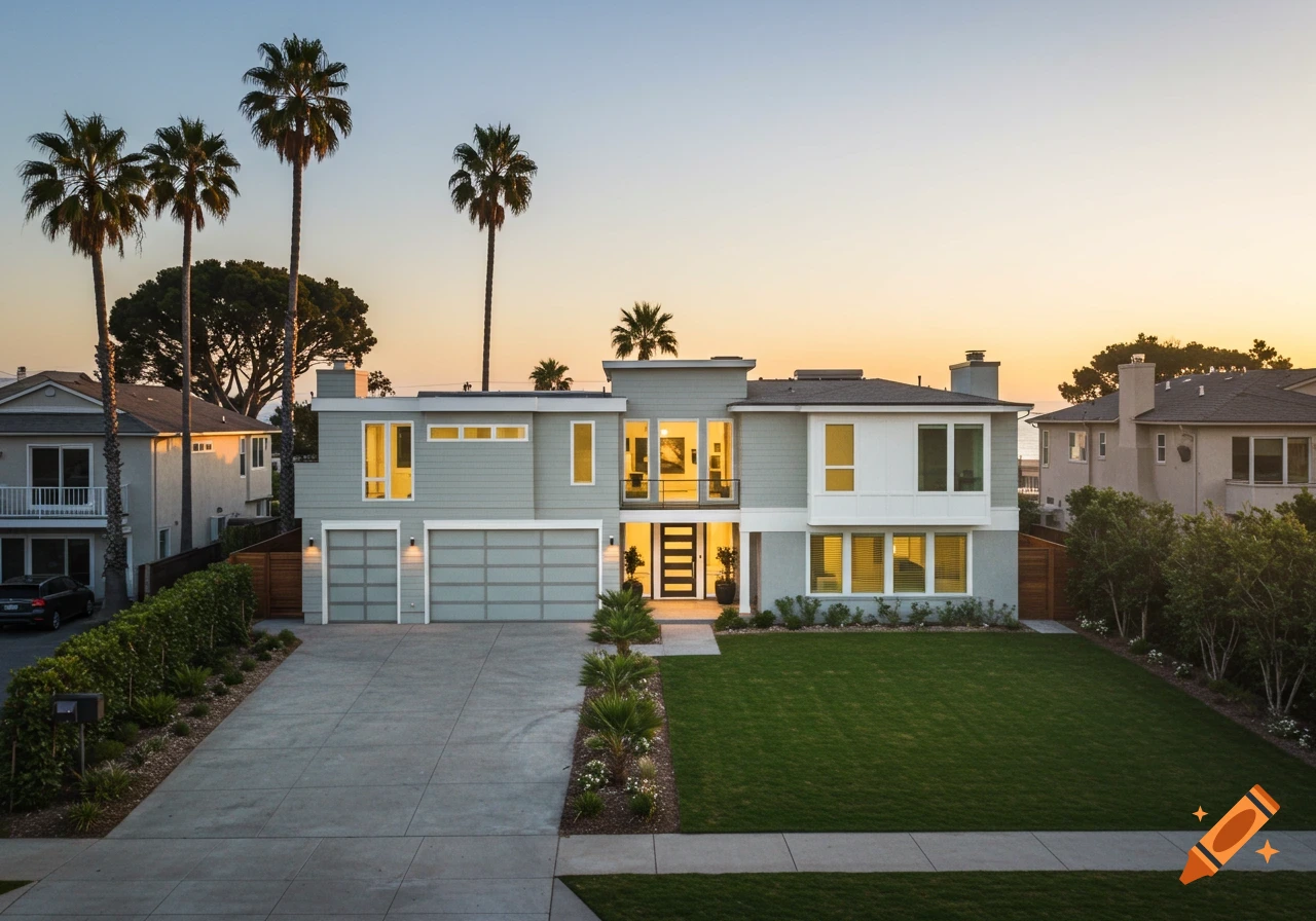 Modern house with driveway, lawn, and palm trees at sunset
