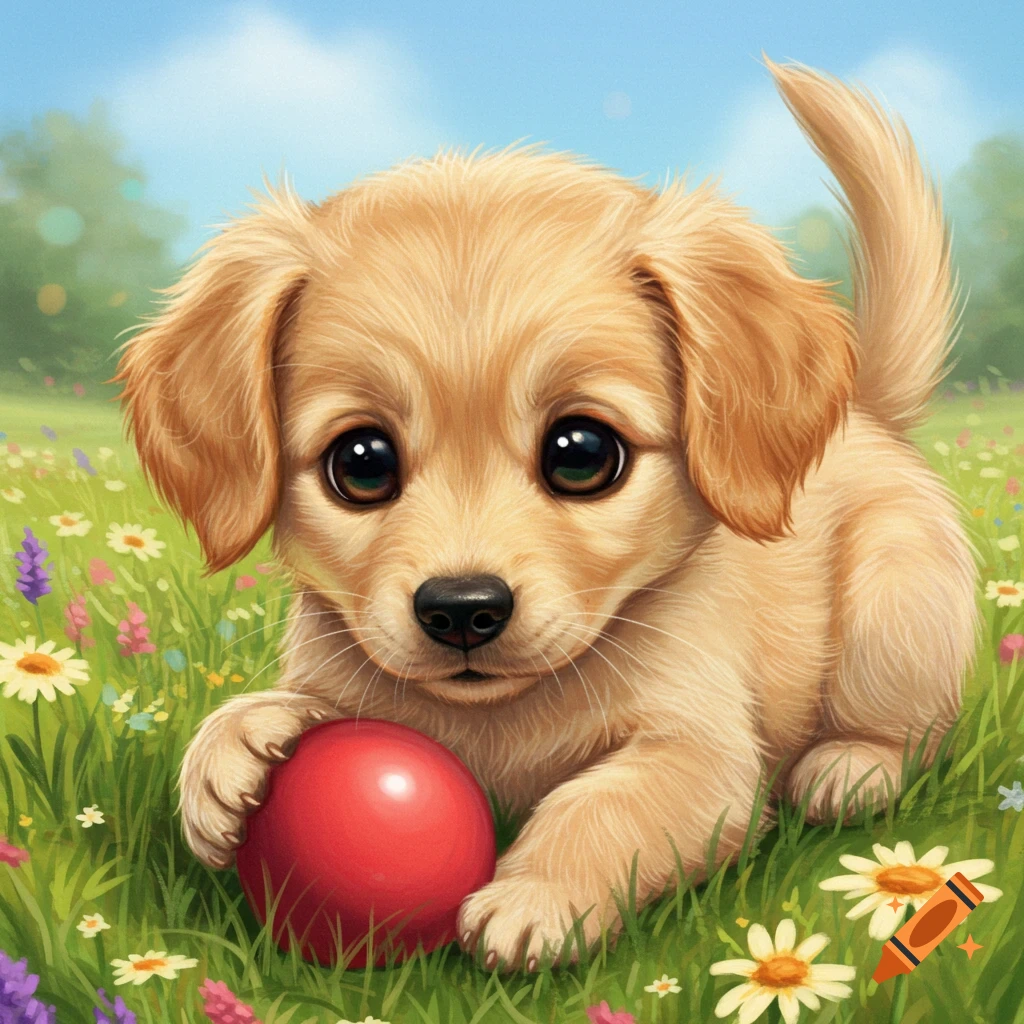 Cute golden puppy with big eyes lies in a field with flowers, holding a red ball. Illustrative style.