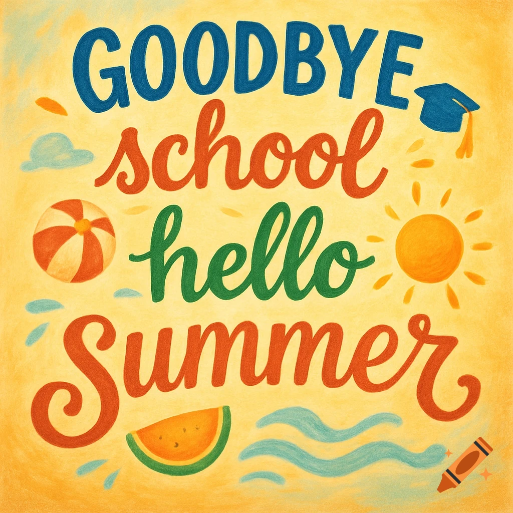 Colorful illustration with the text "GOODBYE school hello Summer" surrounded by a beach ball, sun, watermelon, and graduation cap.