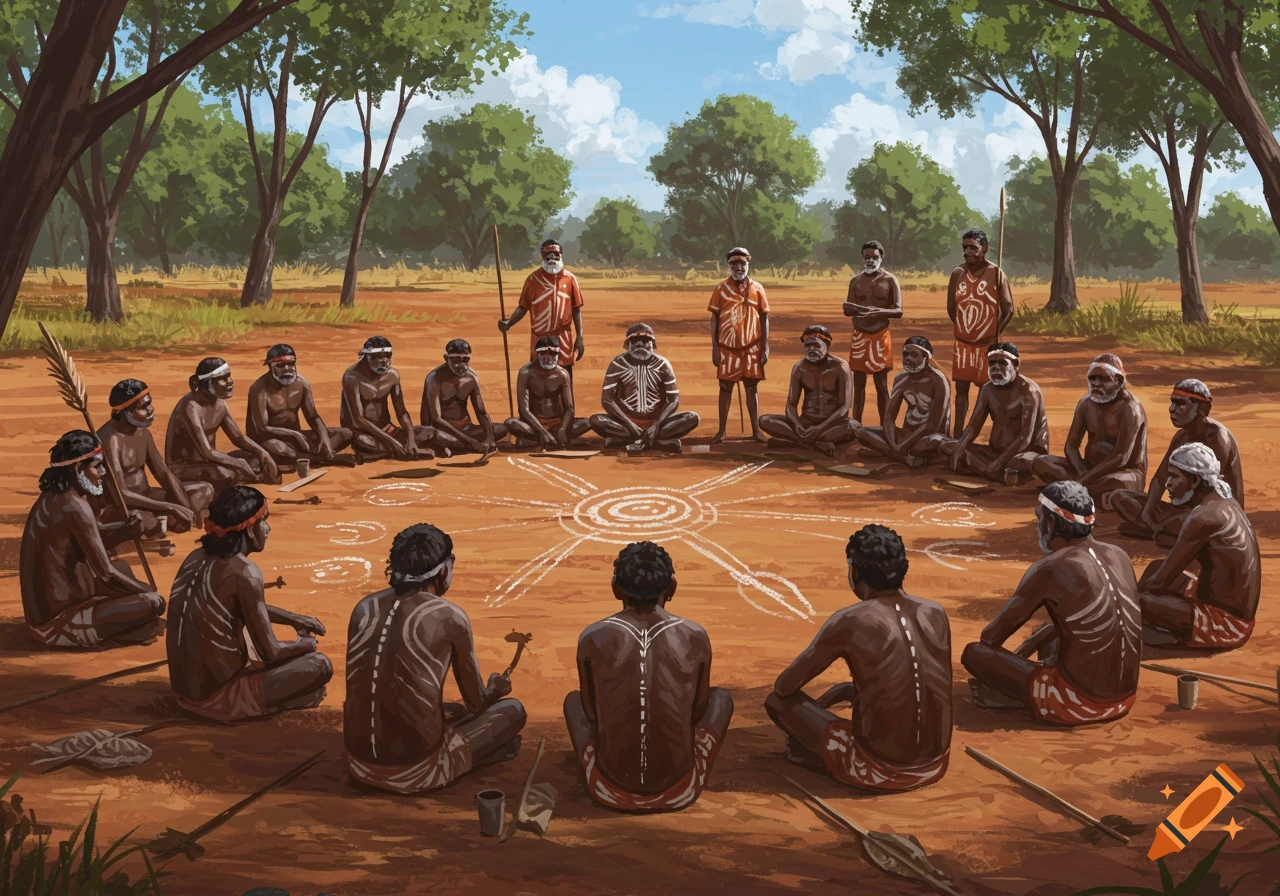 Australian Aboriginal men in traditional dress sit in a circle for a gathering or ceremony with symbolic ground drawings.