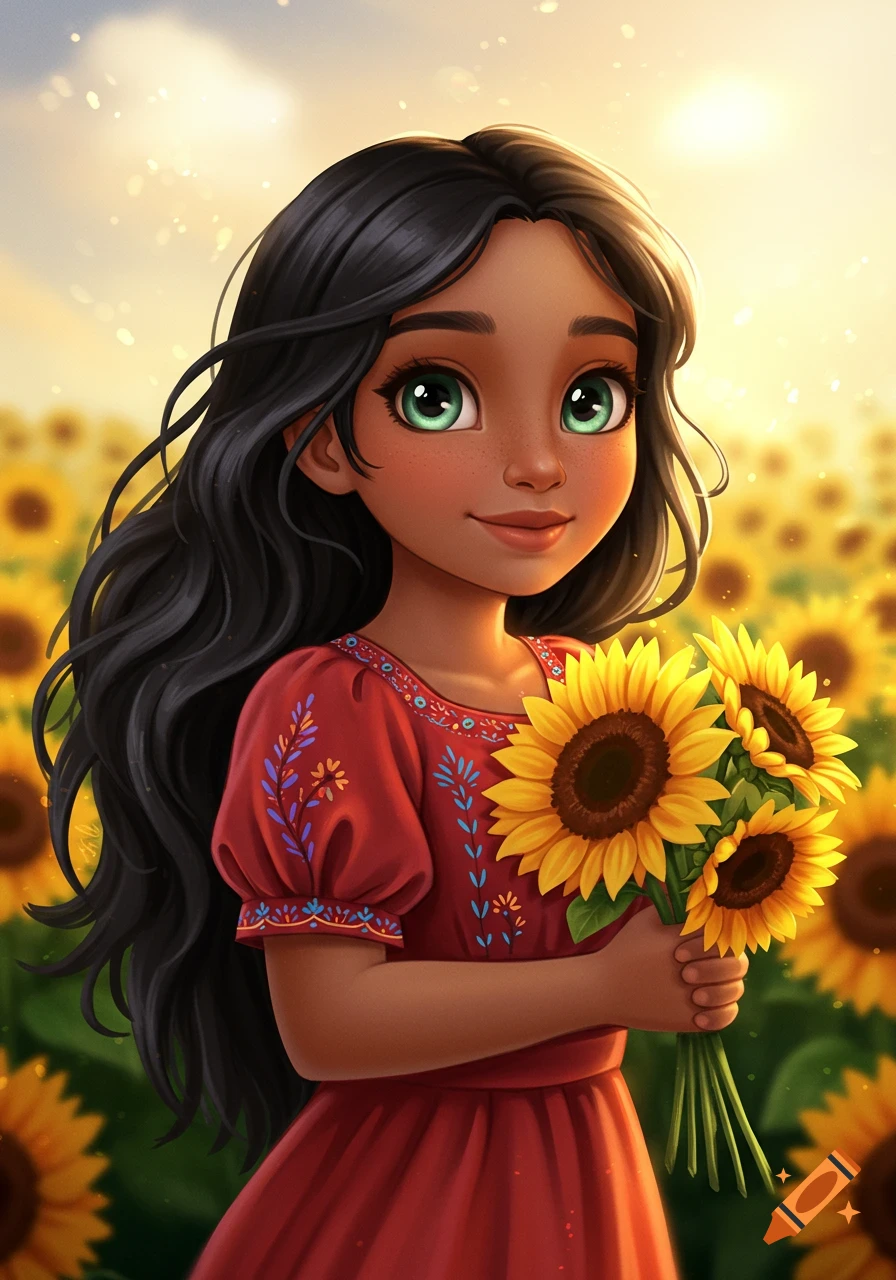 Stylized illustration of a girl holding sunflowers in a field