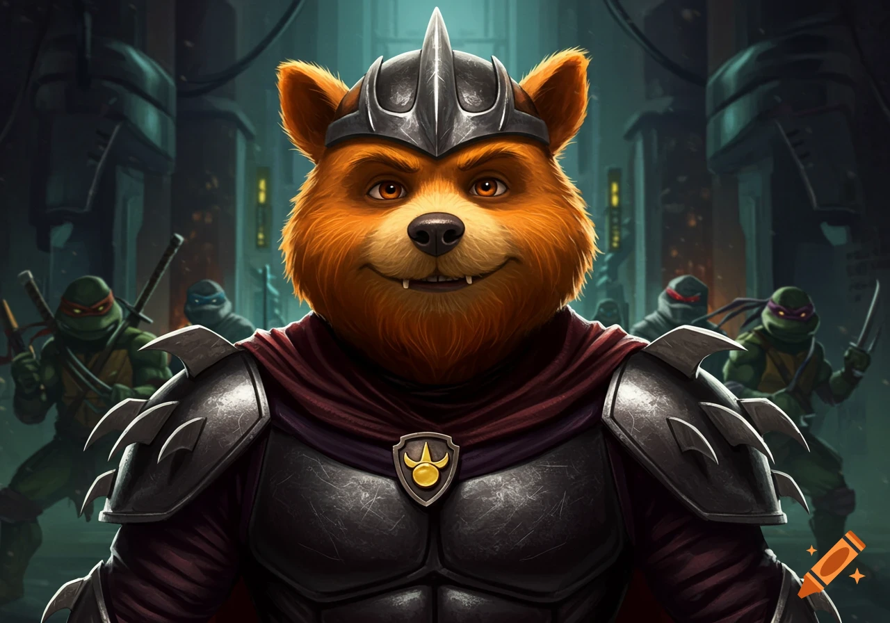 An anthropomorphic bear character wearing Shredder's armor stands in a dark alley with shadowy figures resembling ninja turtles behind him.
