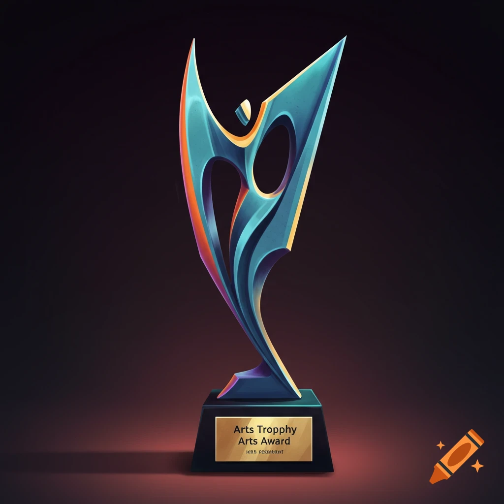 Abstract, shiny blue and orange art award trophy on a dark background.