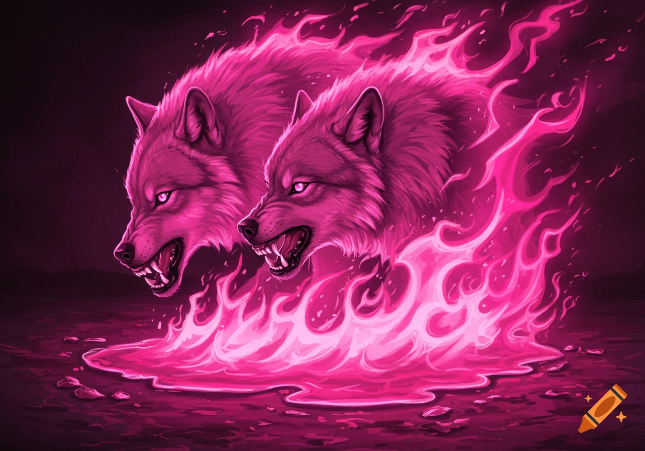 Two snarling pink fire wolves emerge from a puddle of pink fire.