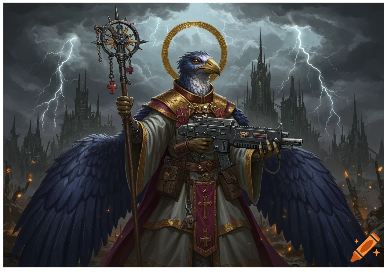 A bird-headed humanoid figure in religious robes holds a staff and a futuristic gun against a stormy sky with gothic spires, in the style of Warhammer 40k.