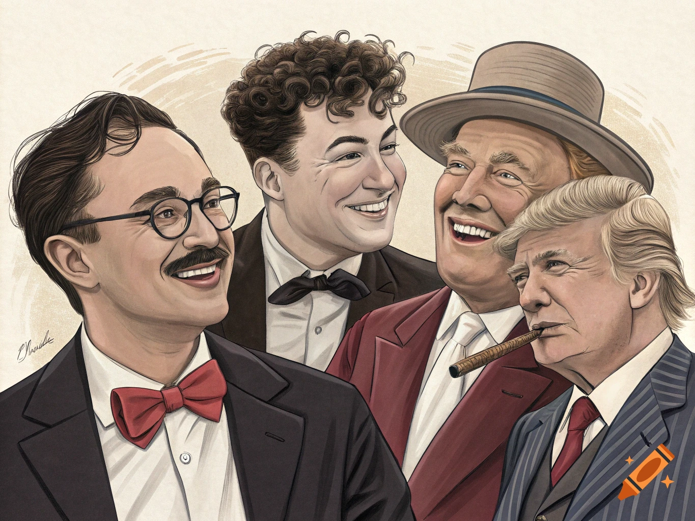 Vintage illustration of four men in suits, resembling caricatures of political figures.