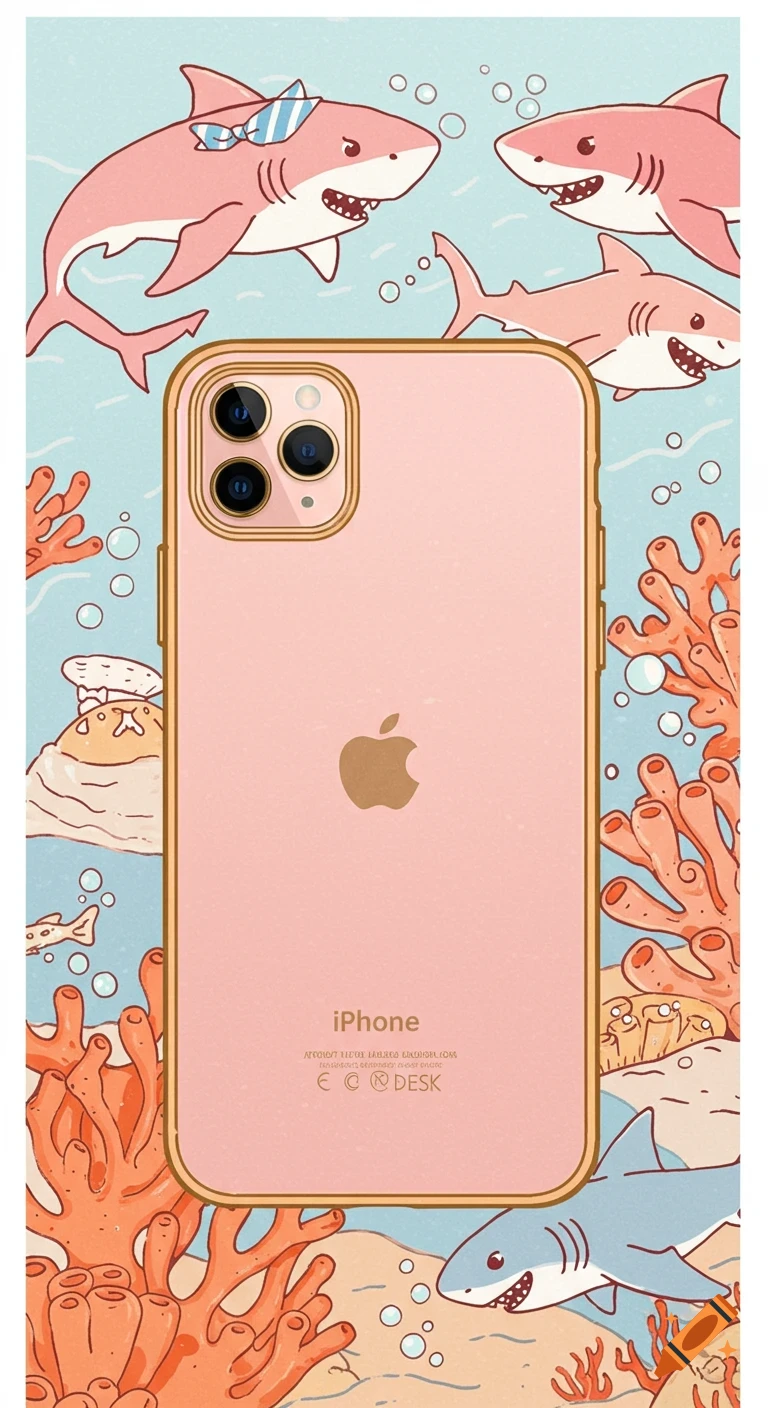 Cartoon sharks swim around a pink iPhone case with a gold border and Apple logo underwater, with coral.