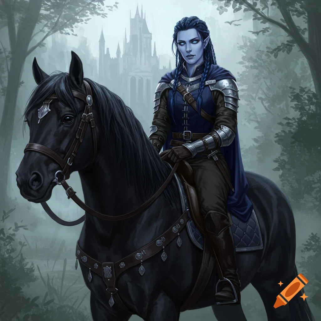 A blue-skinned female character in armor rides a black horse in a forest with a castle in the distance.