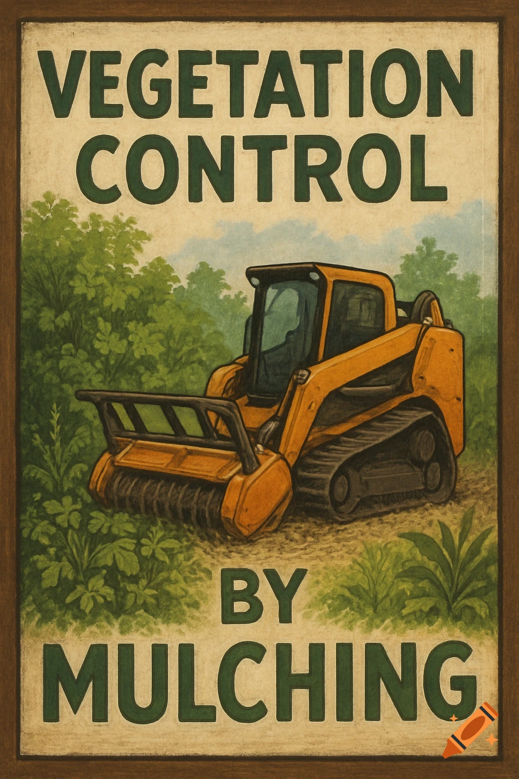 Illustrated sign advertising vegetation control by mulching with a machine clearing vegetation.
