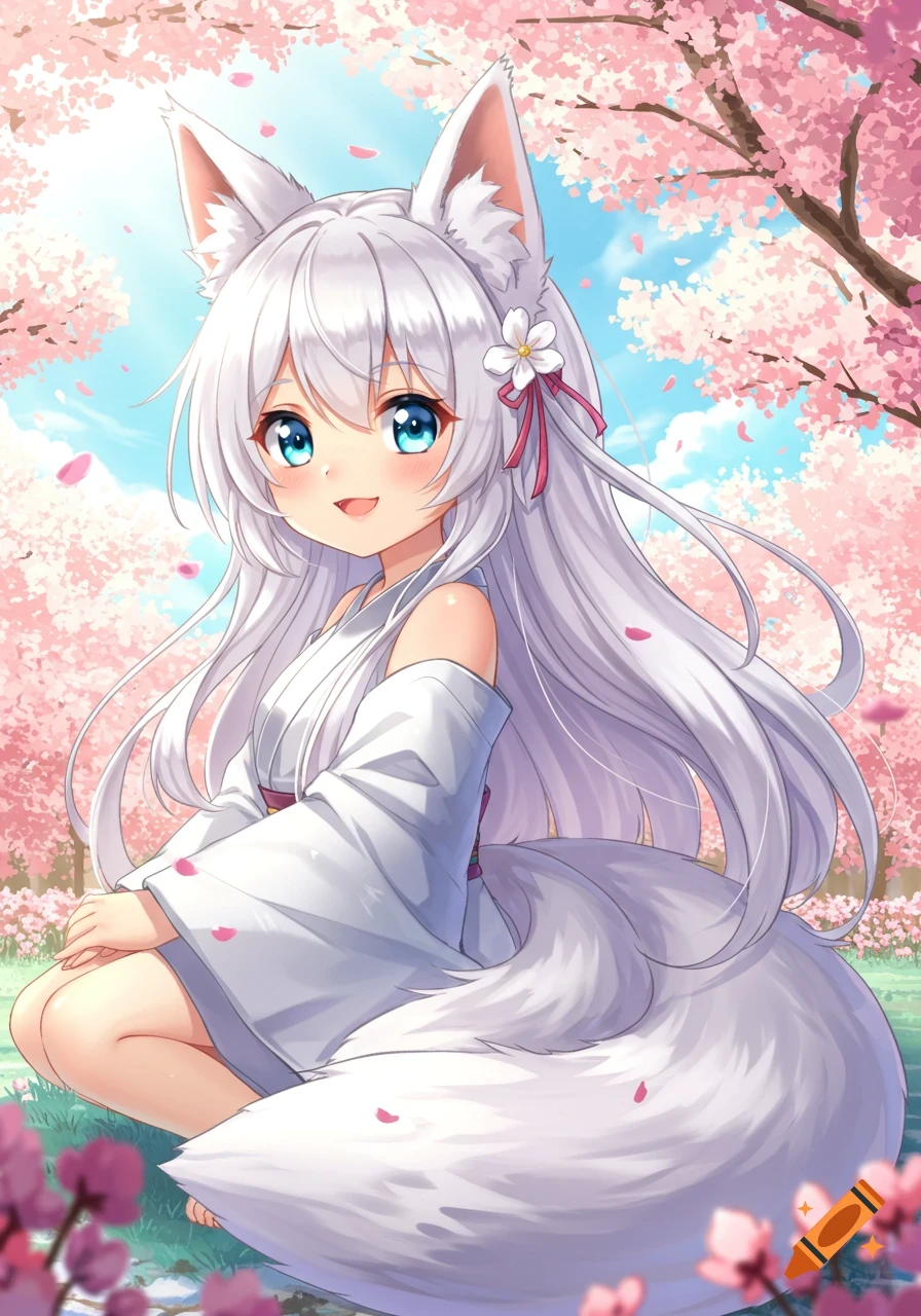 A cute anime fox girl with white hair sits under cherry blossoms