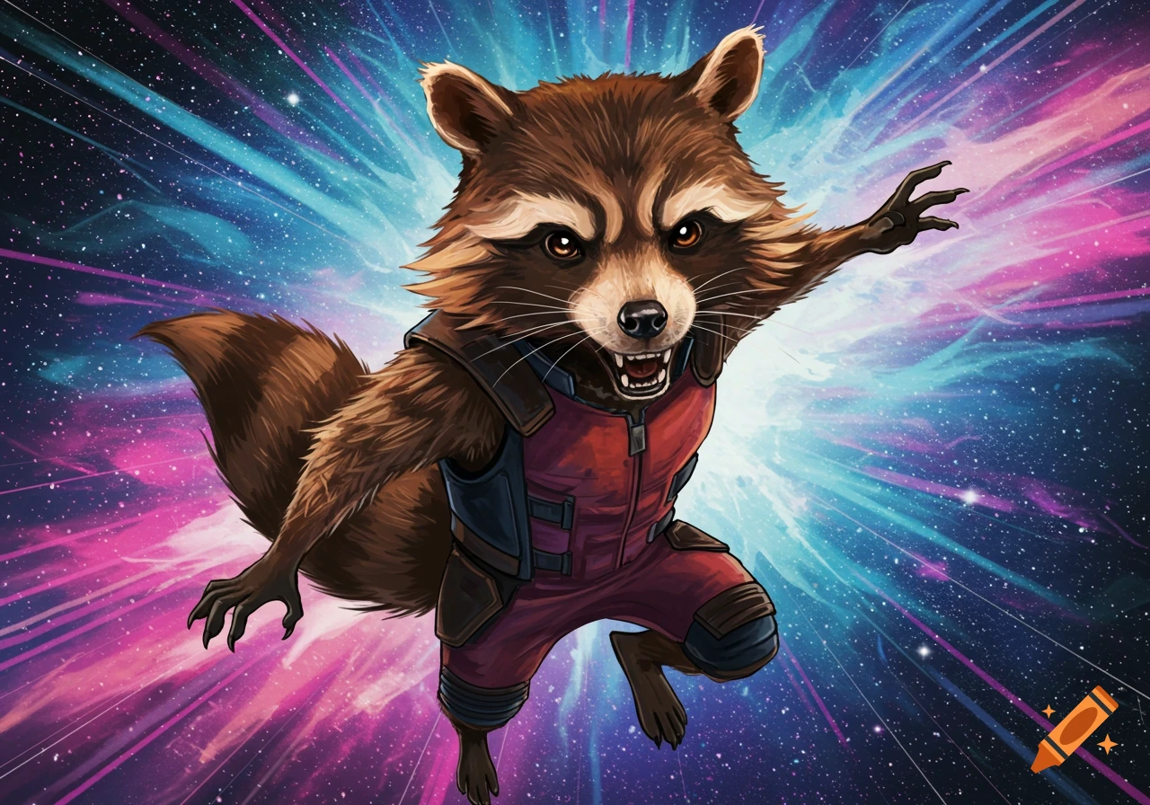 Illustration of Rocket Raccoon flying through a colorful cosmic background.
