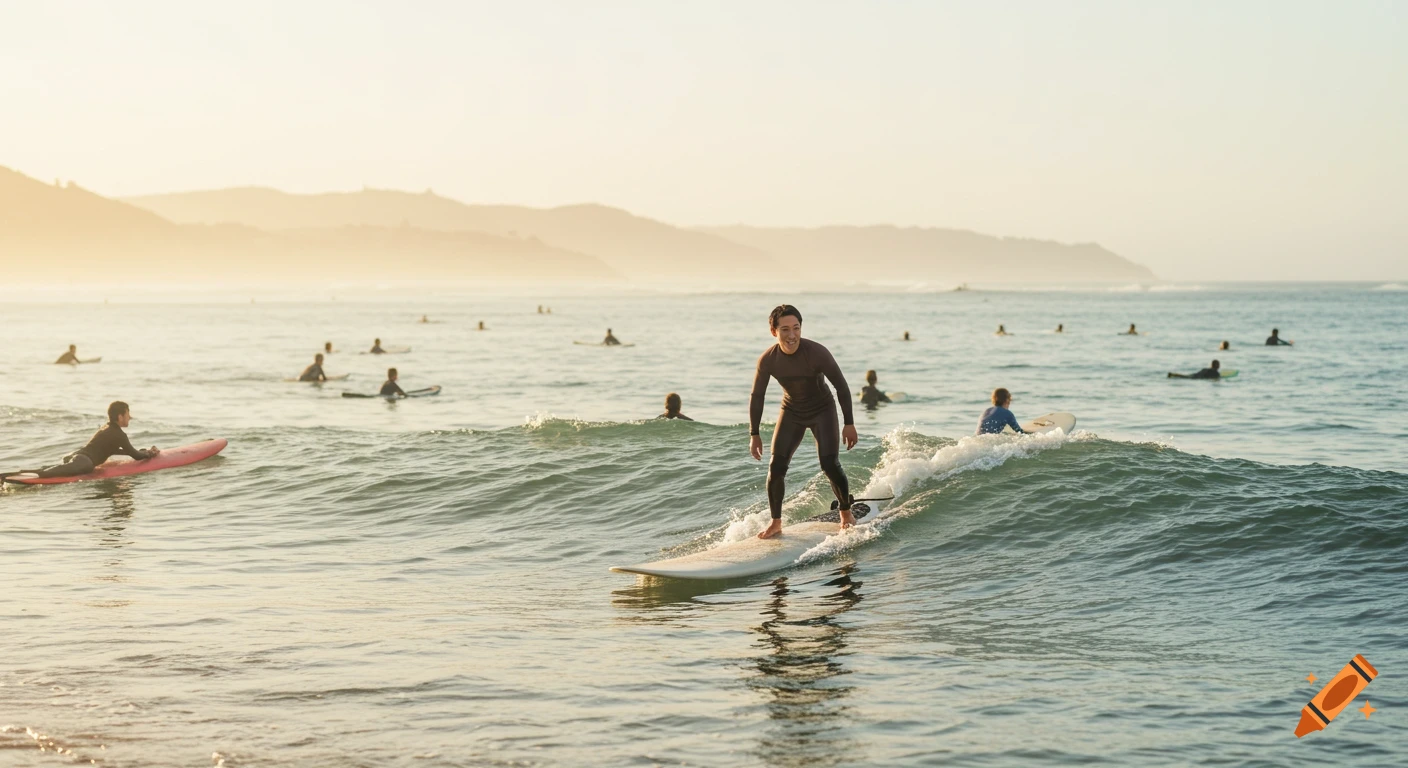 Surfers in the ocean at a beach during sunset