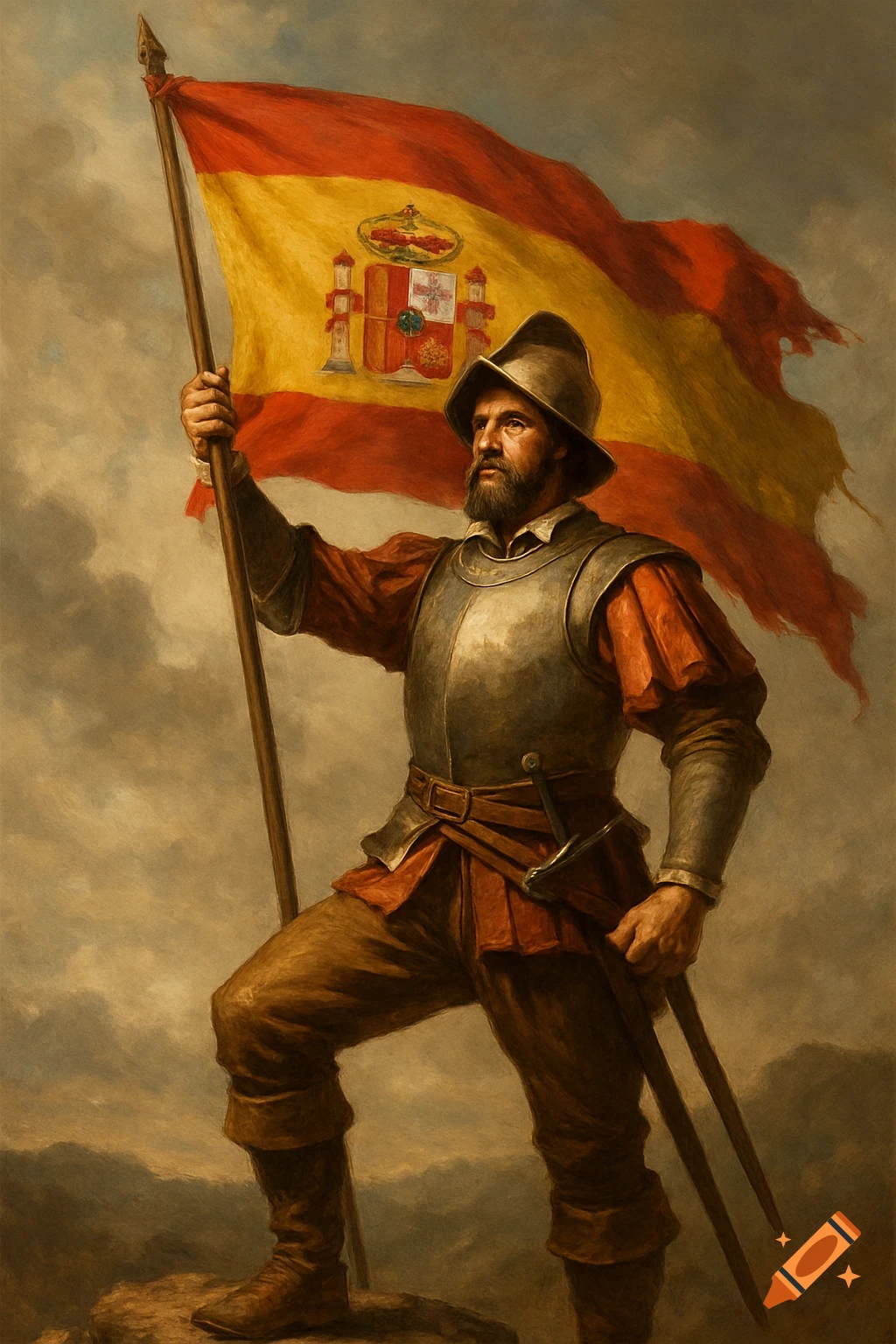 Painting of a Spanish conquistador in armor holding the Spanish flag on a rocky outcrop.