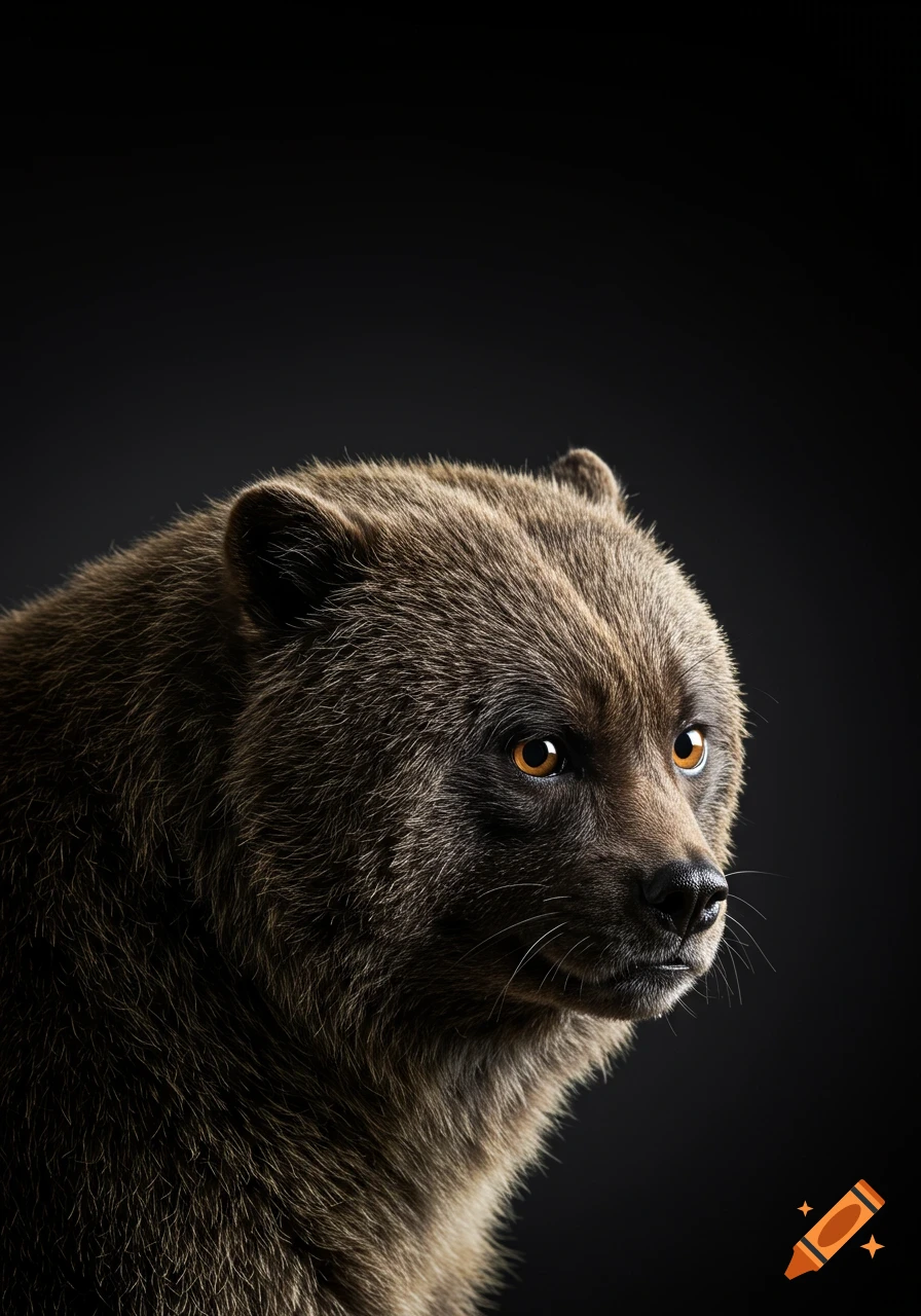 Close-up photorealistic studio portrait of a brown bear against a black background.