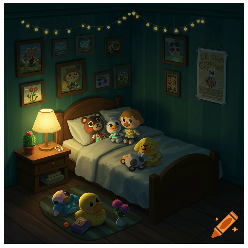 Plush Animal Crossing characters on and around a bed in a dark bedroom with string lights and pictures.