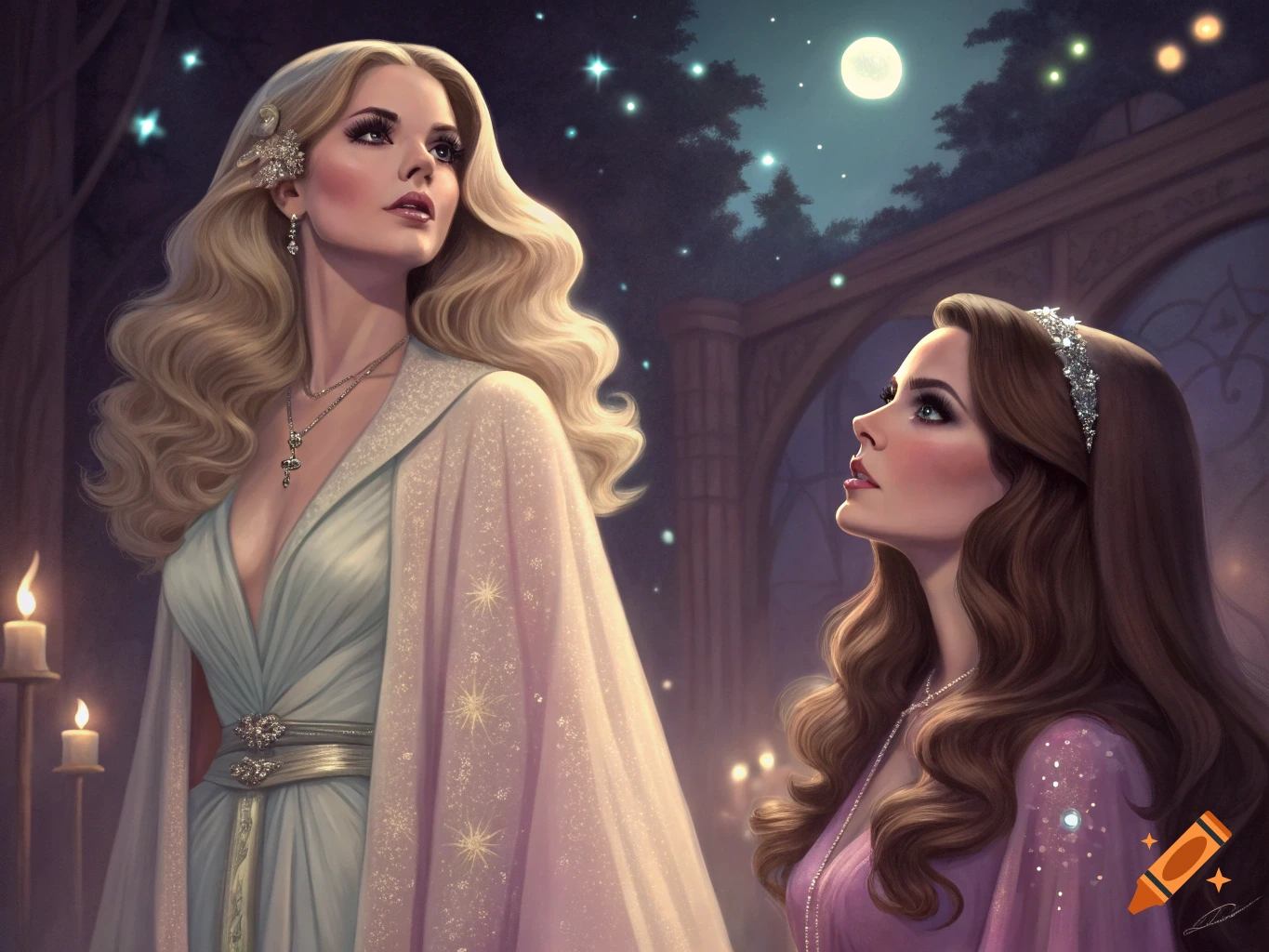 Two women in elaborate gowns look up at a starry night sky and moon in a regal setting.