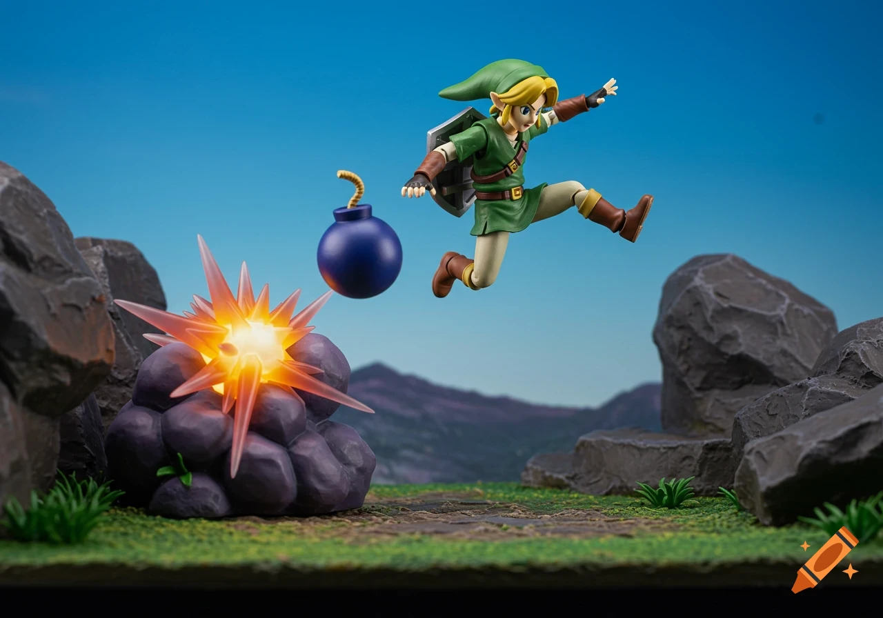Link action figure bomb jumping in a Legend of Zelda diorama scene.