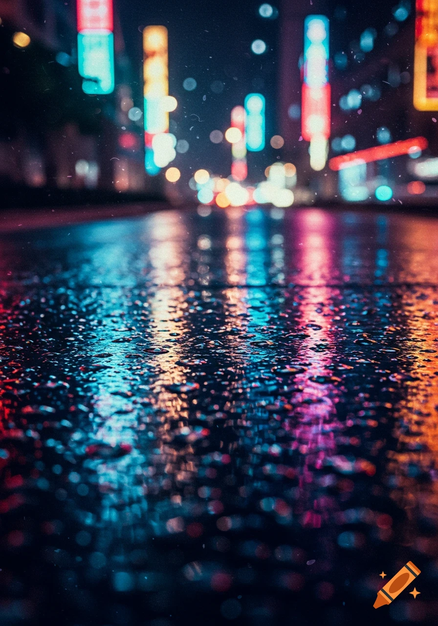 Wet street reflects city lights at night during rain