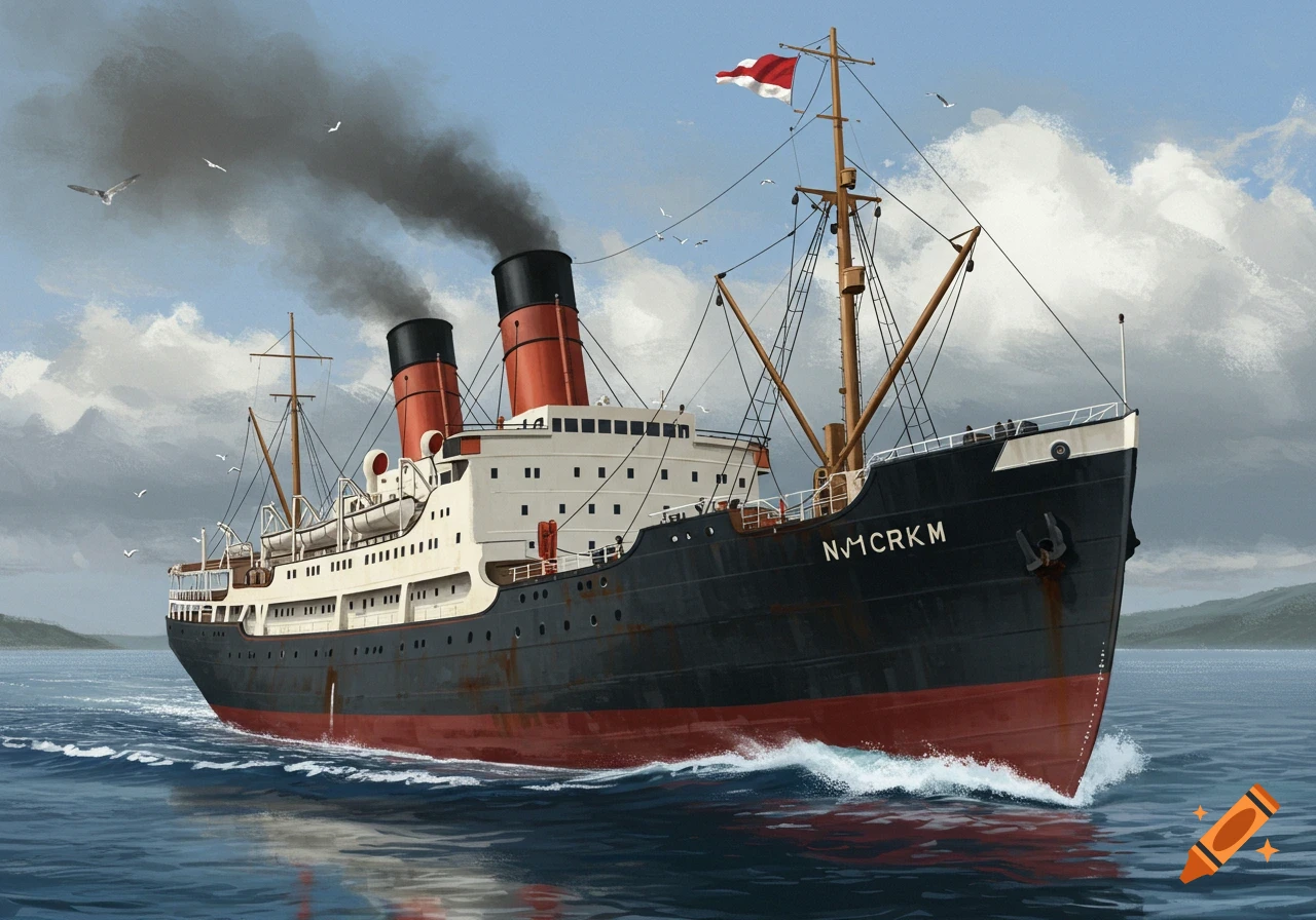 Painting of a black and red steamship with two smokestacks sailing on the water.