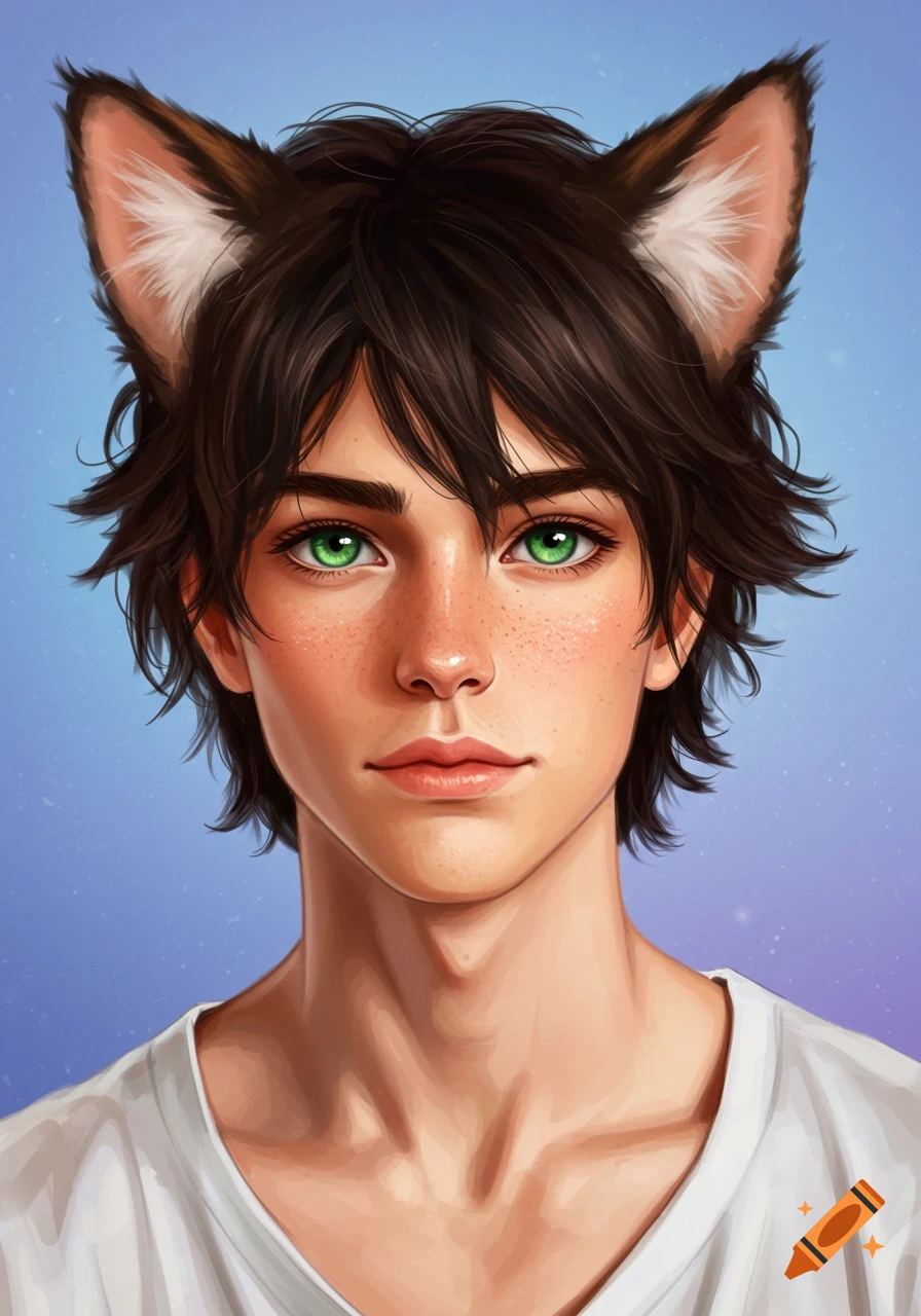 A realistic portrait of a young male catboy with green eyes and cat ears.