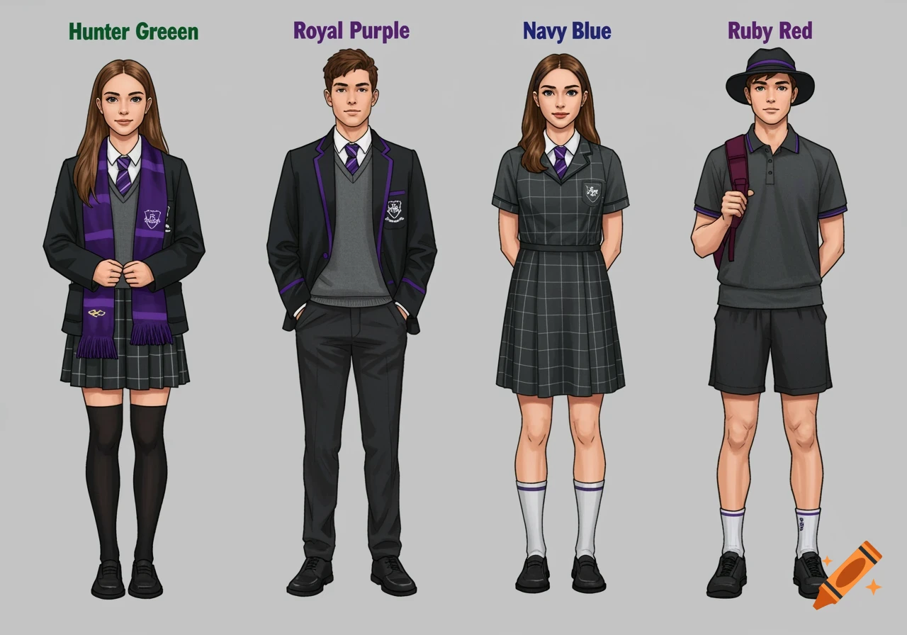 Illustration of four students standing in different school uniforms with color labels above their heads.