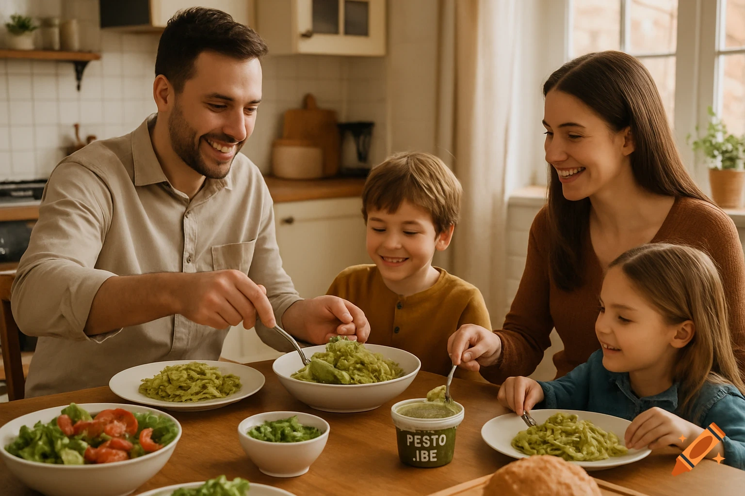 A family eats pasta together at a table in a cozy kitchen.