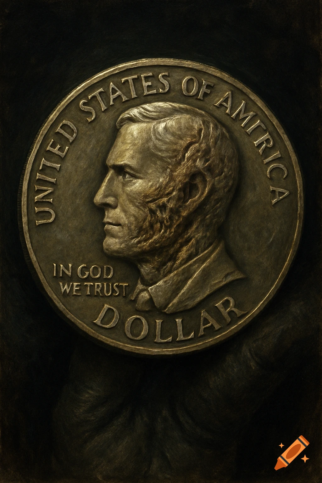 Close-up, realistic depiction of a detailed coin with a man's profile and text.