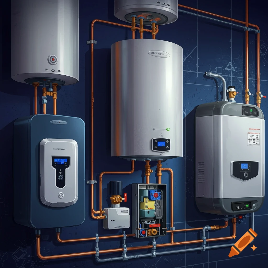 Multiple water heaters and plumbing pipes mounted on a dark blue wall.