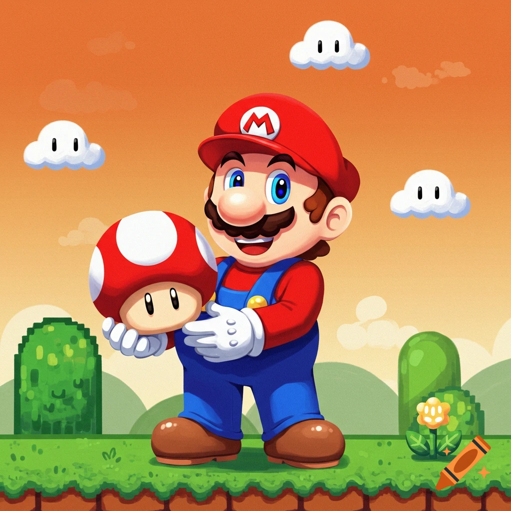 Mario stands in a classic Super Mario Bros. landscape, holding a mushroom.