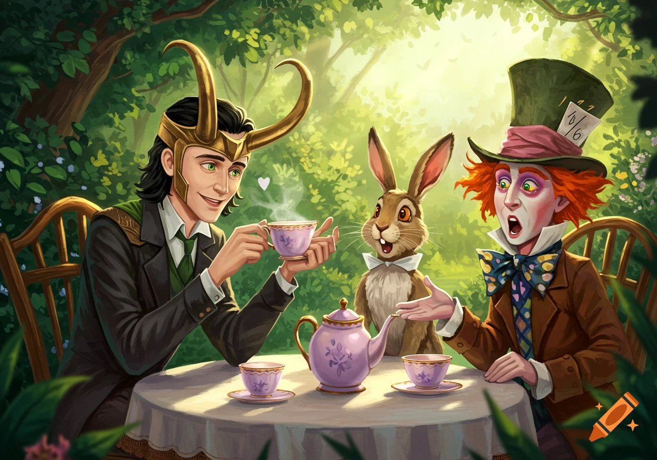 Digital illustration of Loki, the Mad Hatter, and the March Hare having tea in a forest.