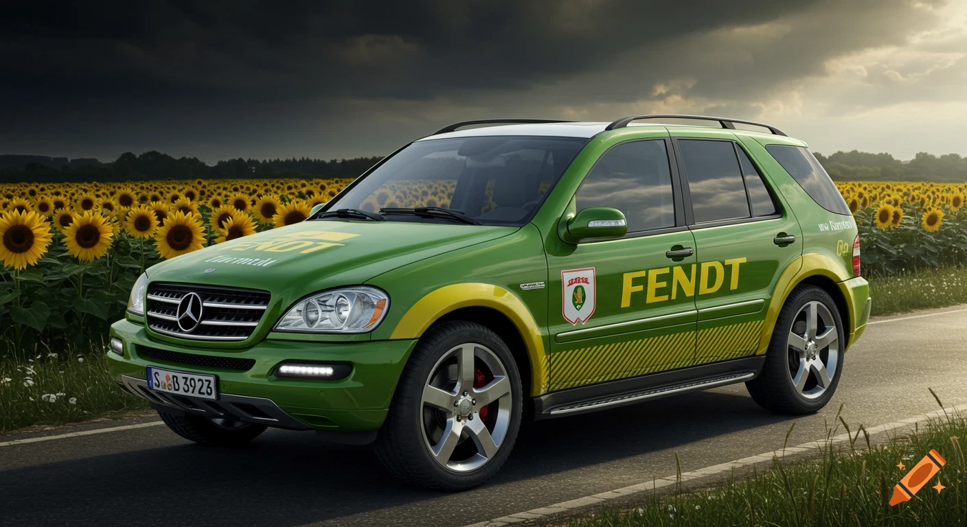 Green Mercedes ML SUV with Fendt branding parked next to a field of sunflowers under a cloudy sky