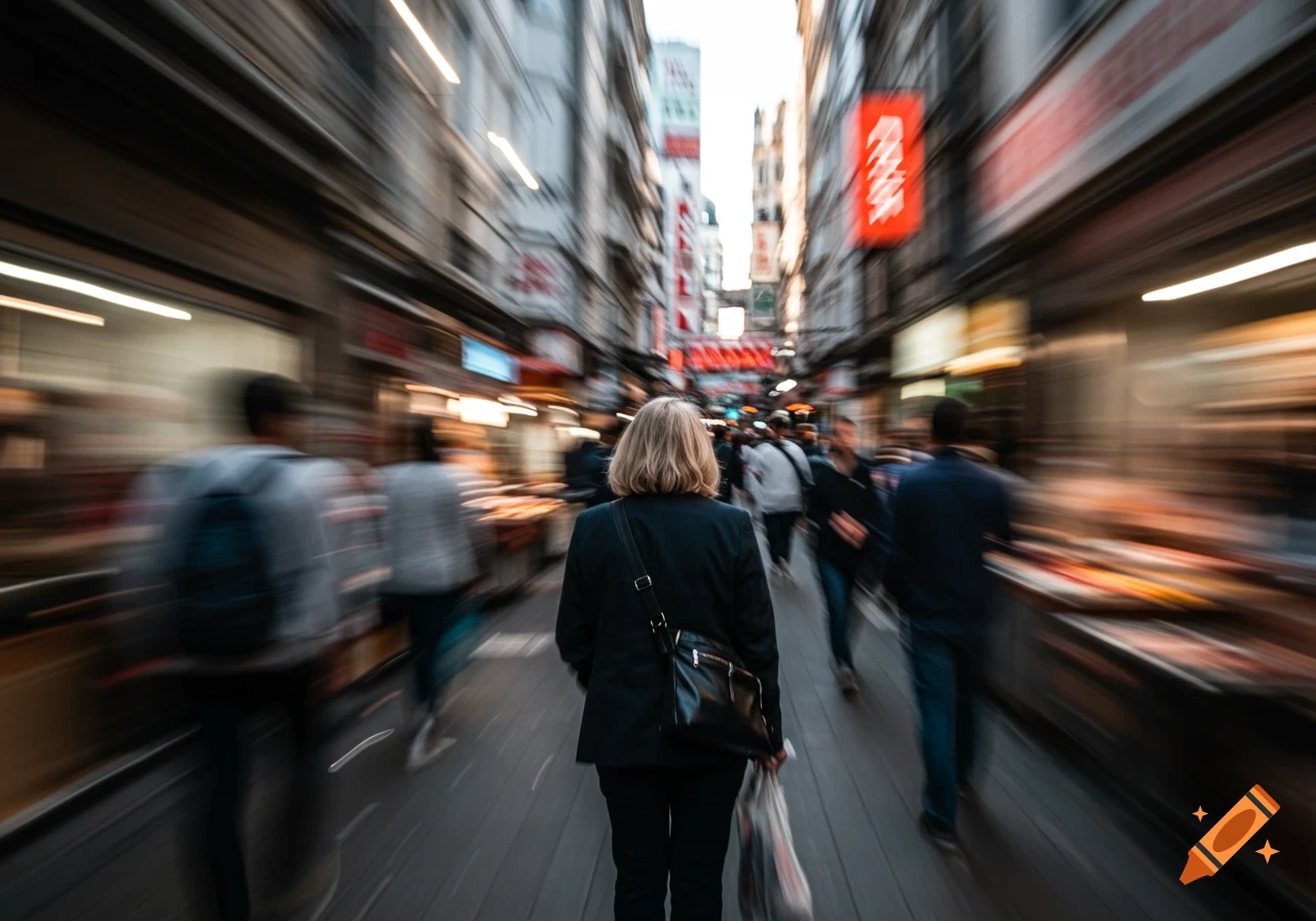 A woman with blond hair stands in a busy, motion-blurred city street lined with shops, viewed from behind.