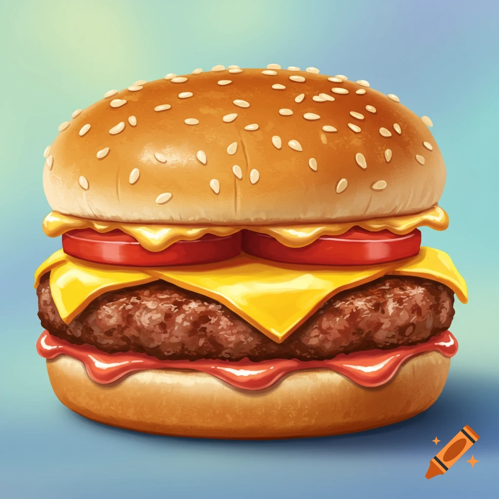 A cartoon close-up of a detailed burger with sesame seed bun, cheese, tomatoes, and patty.